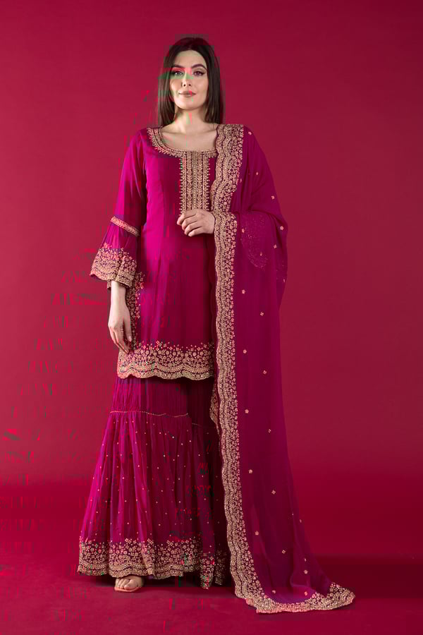 Shiffonz 3 piece thread work embroidered gharara suit - Purple, 34