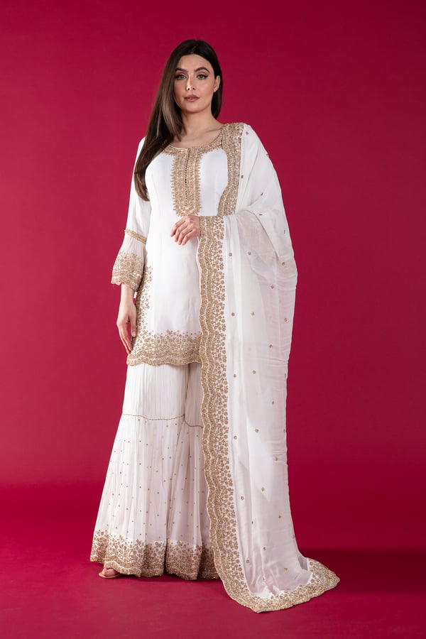 Shiffonz 3 piece thread work embroidered gharara suit - White, 34