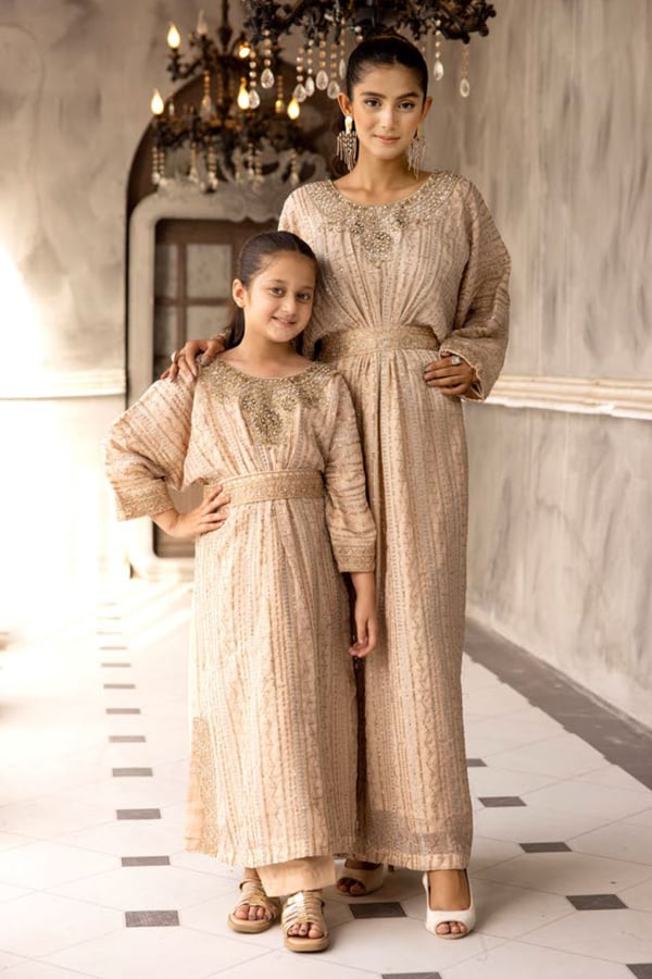 Jeem 2 piece kids luxury embroidered kaftan with belt - Beige, 36