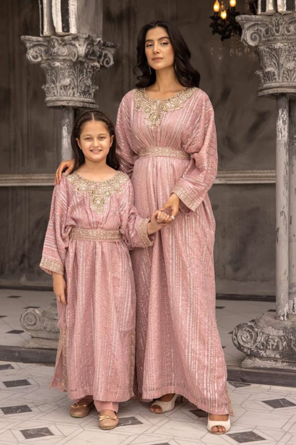 Jeem 2 piece kids luxury embroidered kaftan with belt - D PINK, 36