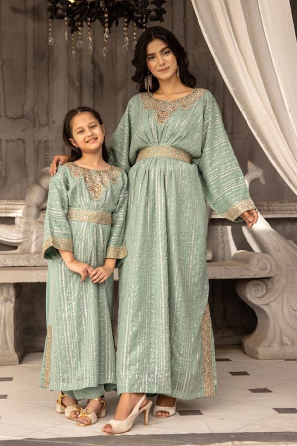 Jeem 2 piece kids luxury embroidered kaftan with belt - Green, 36