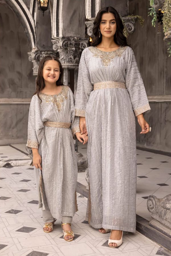Jeem 2 piece kids luxury embroidered kaftan with belt - Grey, 36