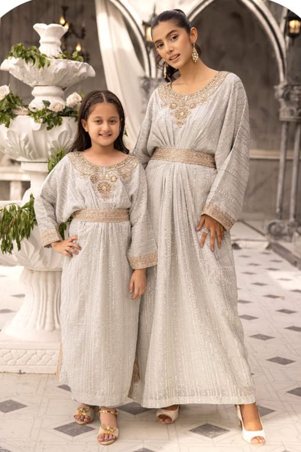 Jeem 2 piece kids luxury embroidered kaftan with belt - S BLUE, 36