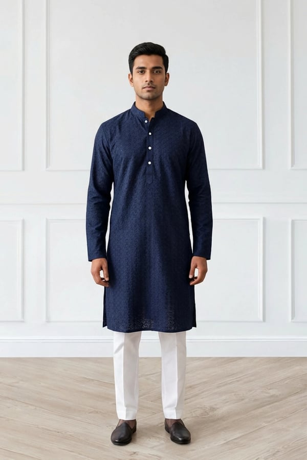 Men's 2 piece chikan kari embroidered kurta set - Navy, 36