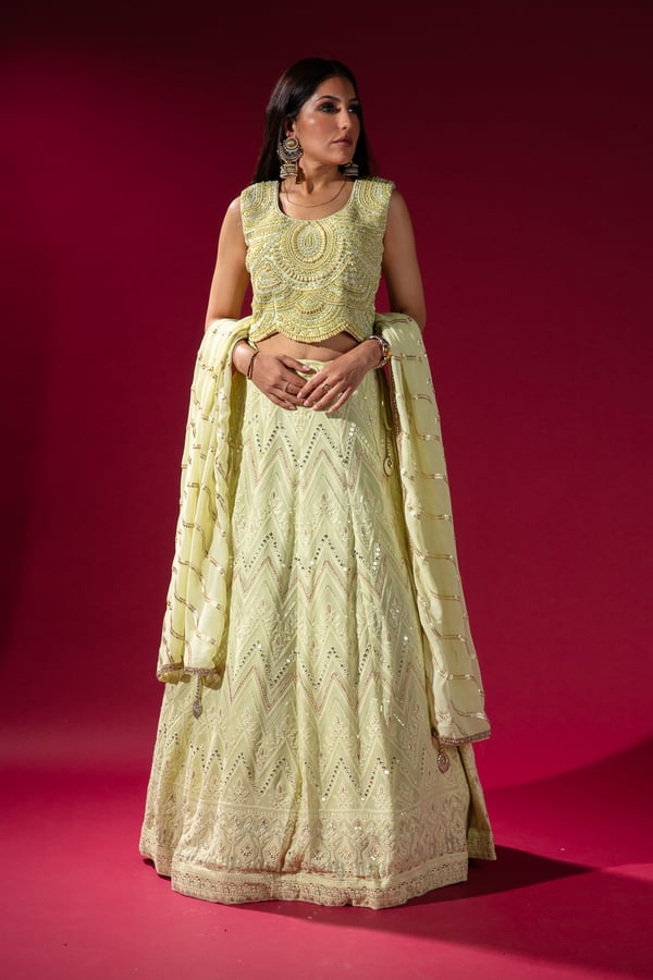 3 Piece chikankari embroidered lengha choli - Mint, 36