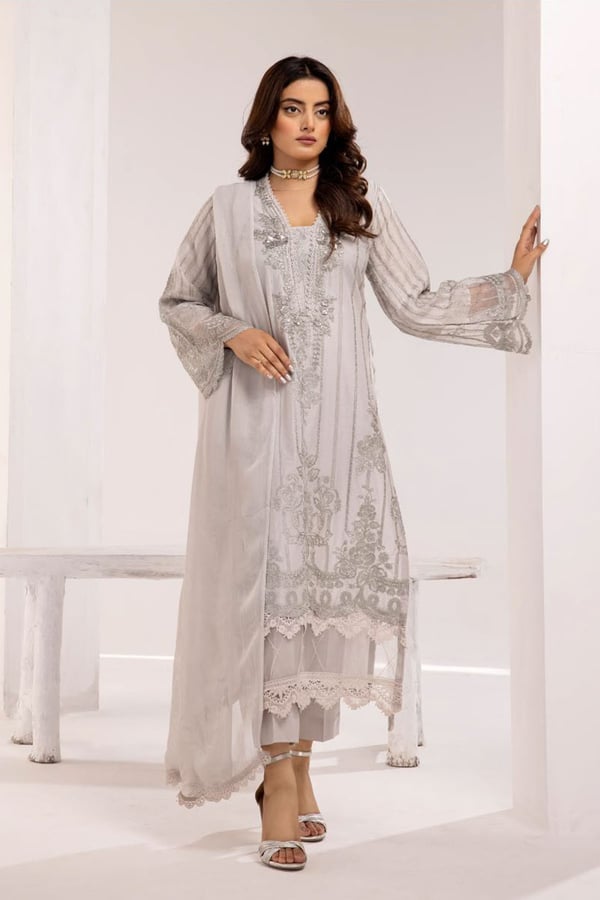 Firuzeh lawn collection 3 piece embroidered suit - Grey, X - Large