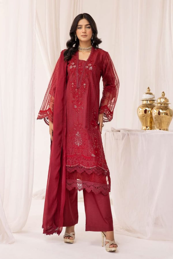 Firuzeh lawn collection 3 piece embroidered suit - Red, X - Large