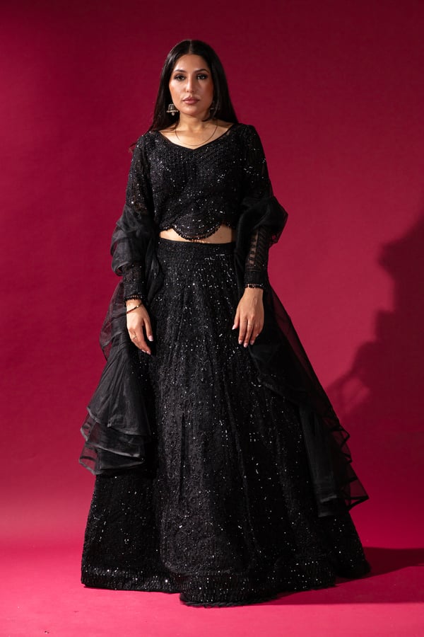 Shiffonz 3 piece embroidered lengha choli - Black, 34