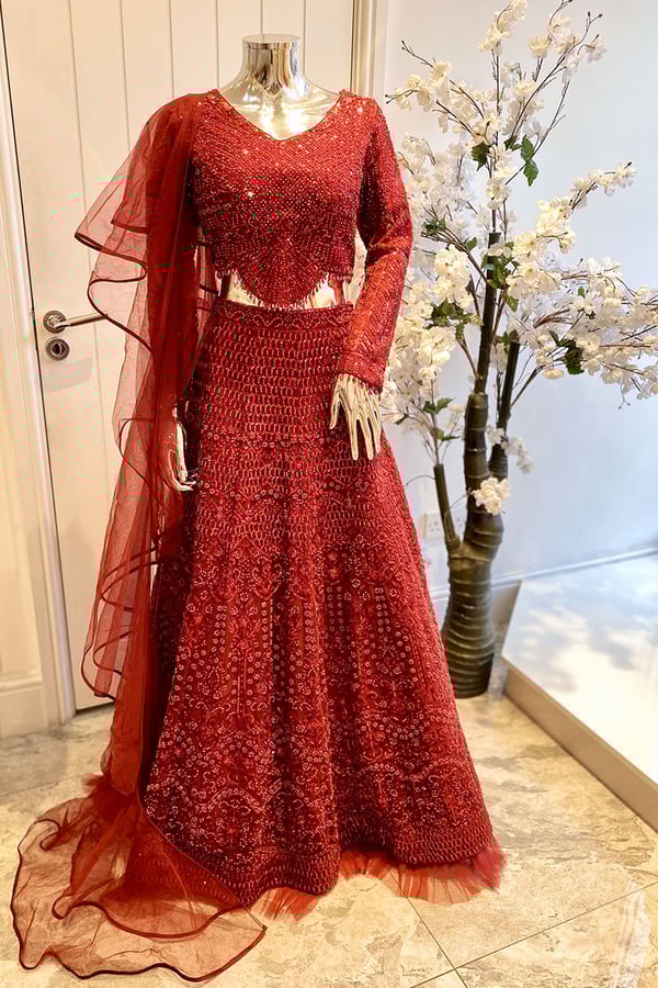 Shiffonz 3 piece embroidered lengha choli - Maroon, 34