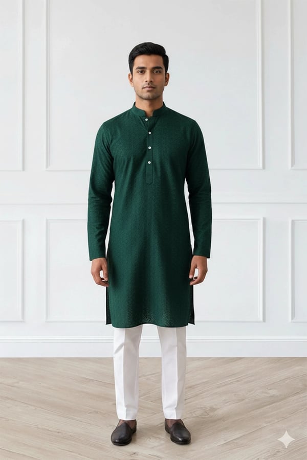 Men's 2 piece chikan kari embroidered kurta set - DGREEN, 36