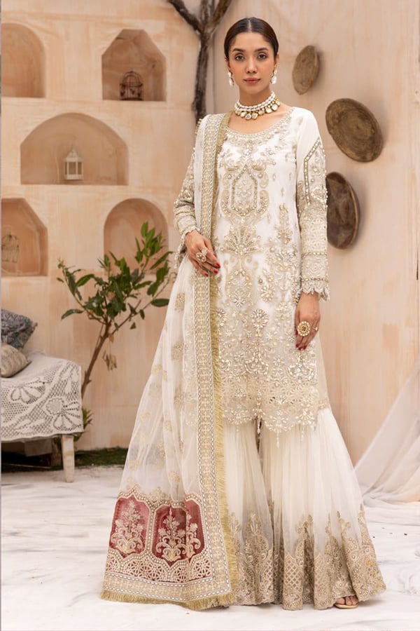 Imrozia 3 piece luxury embroidered gharara suit - Cream, Large