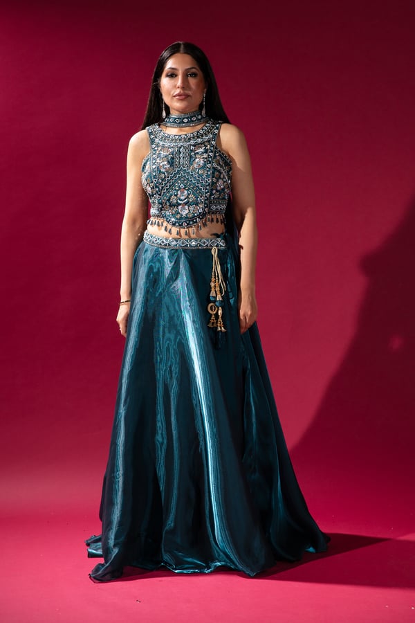 Shiffonz 3 piece luxury embroidered lengha choli - Teal, 38