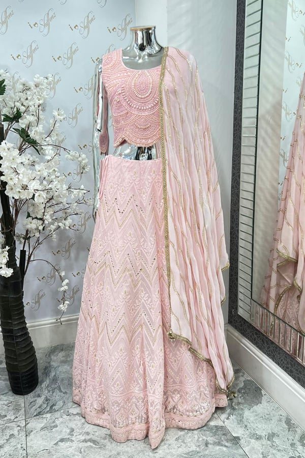 3 Piece chikankari embroidered lengha choli - Pink, 36