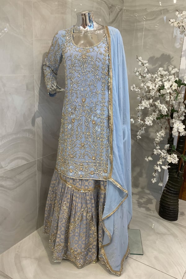 Shiffonz 3 piece embroidered long kameez lengha suit - Blue, 36
