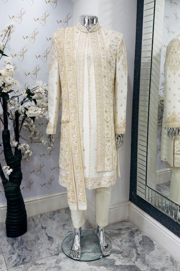 Men's 3 piece luxury embroidered sherwani - OWHITE, 36