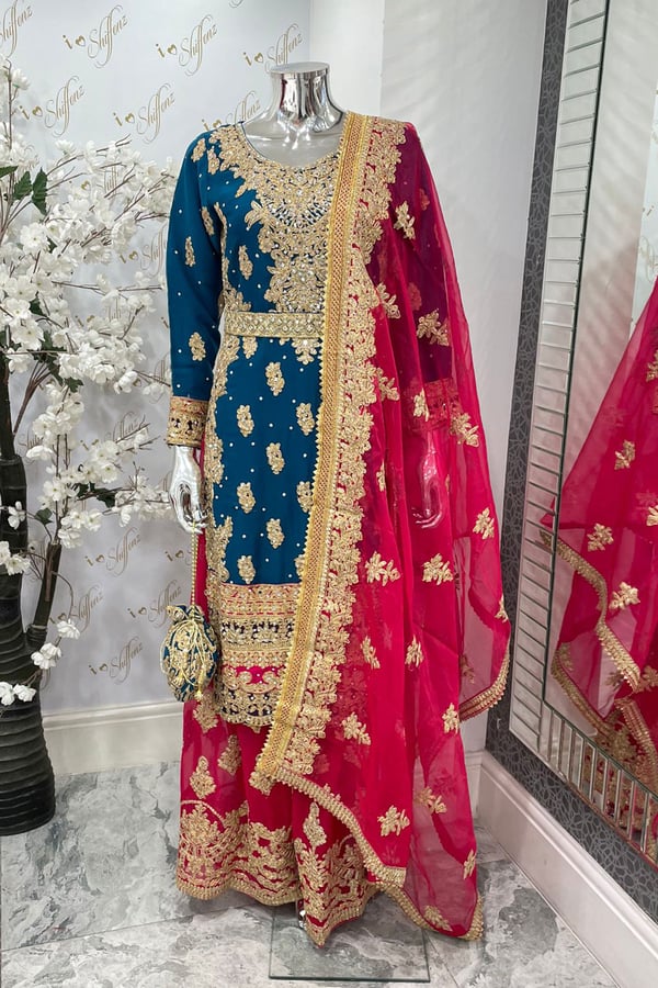 3 Piece luxury dori work embroidered dress - Teal, Large