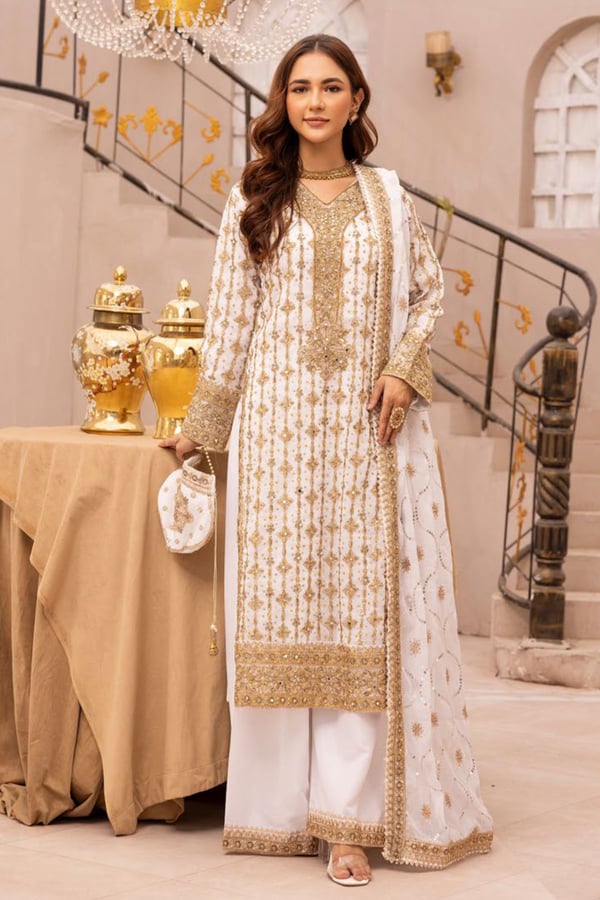 Meliha collection 3 piece dori work embroidered suit - White, X - Large