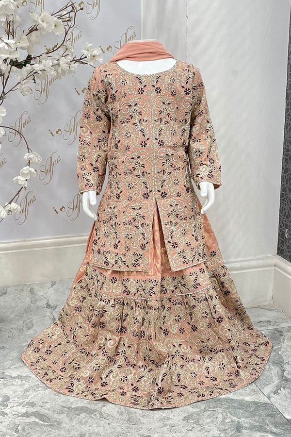 3 Piece luxury embroidered kids lengha suit - Peach, 22