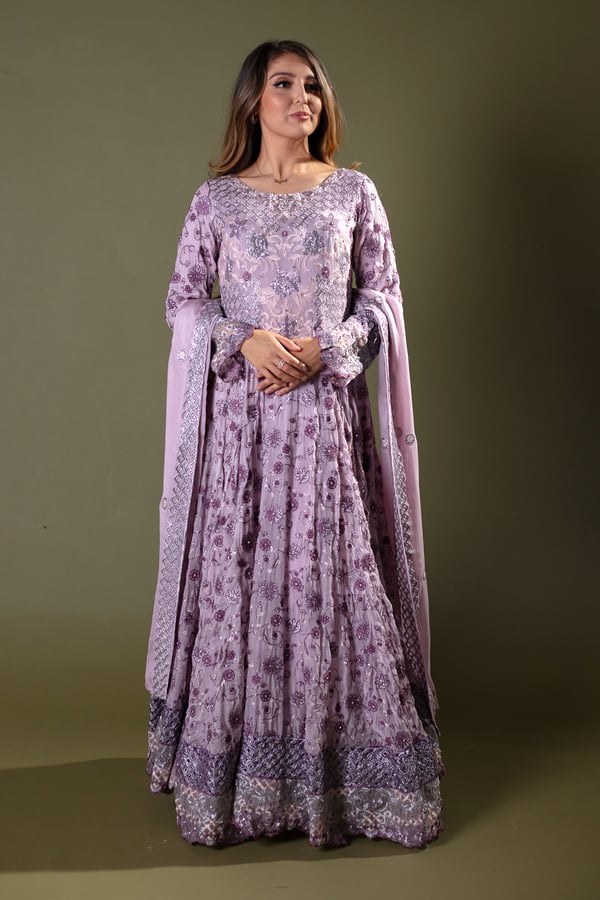 Ayre 3 piece thread work embroidered long dress - Lilac, X - Large