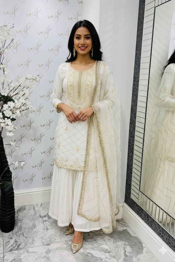 Amreen wedding collection 3 piece gharara suit - Cream, 42