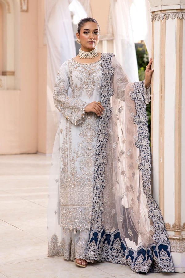 Imrozia 3 piece luxury embroidered net sharara suit - Blue, X - Large