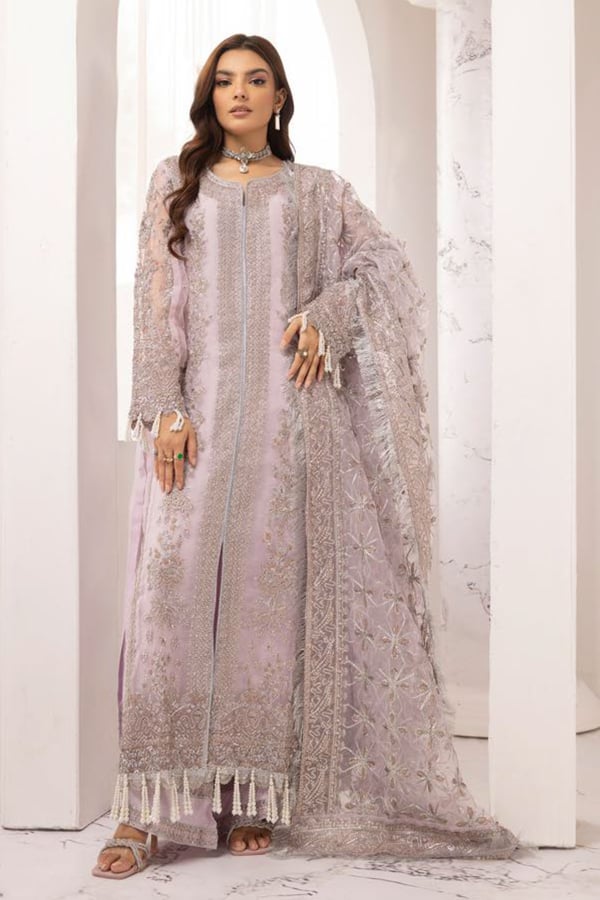 Noori collection 3 piece organza embroidered suit - Lilac, X - Large