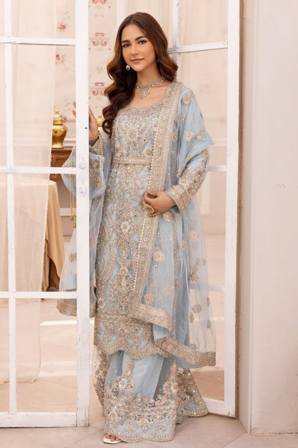 Pari lux 3 piece embroidered plazo suit - Blue, Large
