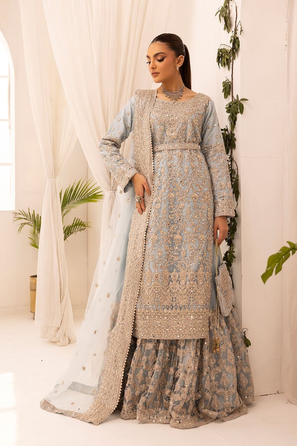 Shiffonz 3 piece embroidered farshi lengha suit - Blue, Large