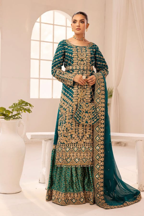 Hoor collection 3 piece embroidered gharara suit - Green, X - Large