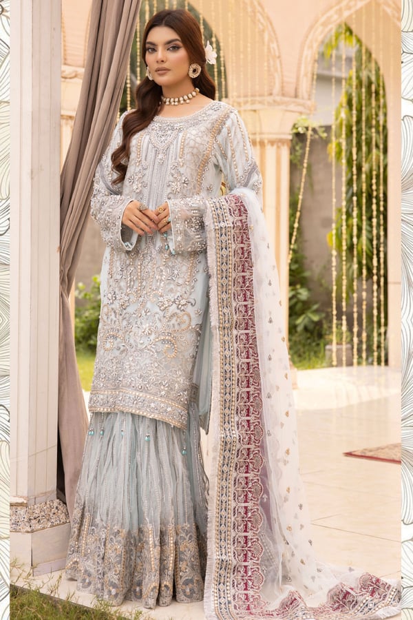 Imrozia collection 3 piece net embroidered gharara suit