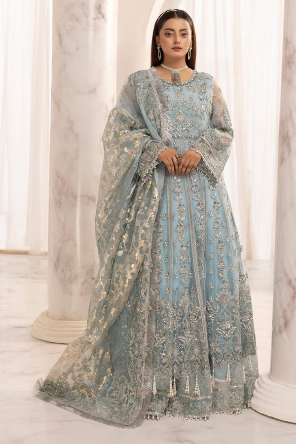 Hayat wedding collection 3 piece embroidered gown - Blue, X - Large