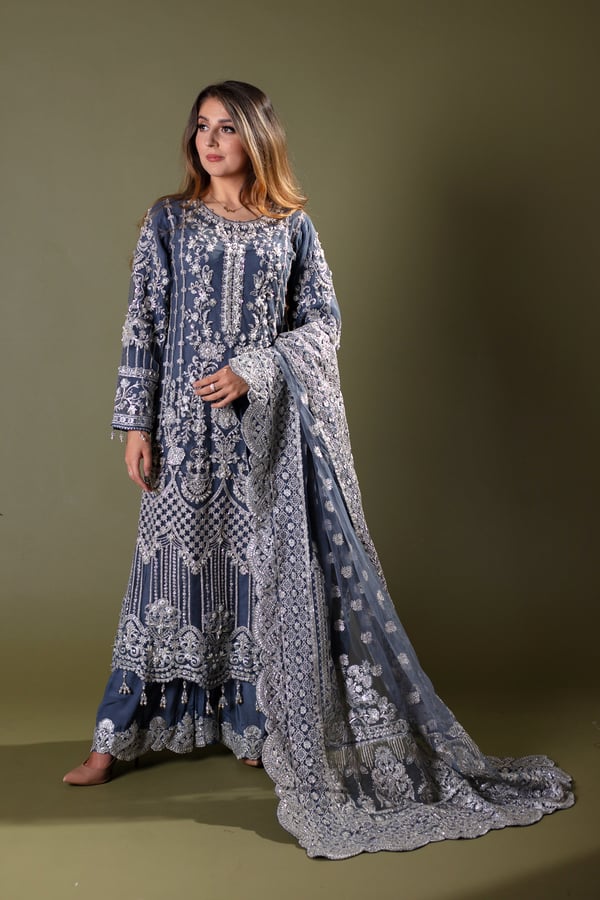 Imrozia Collection 3 piece luxury net embroidered plazo suit - Grey, Large