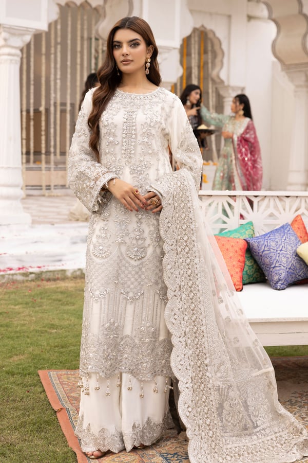 Imrozia Collection 3 piece luxury net embroidered plazo suit