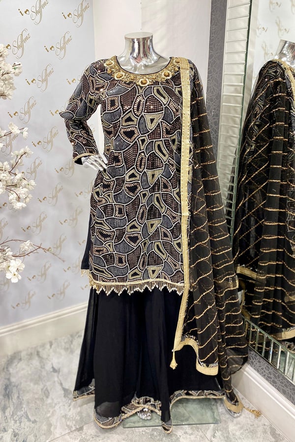 Shiffonz partywear collection 3 piece sharara suit - Black, 36