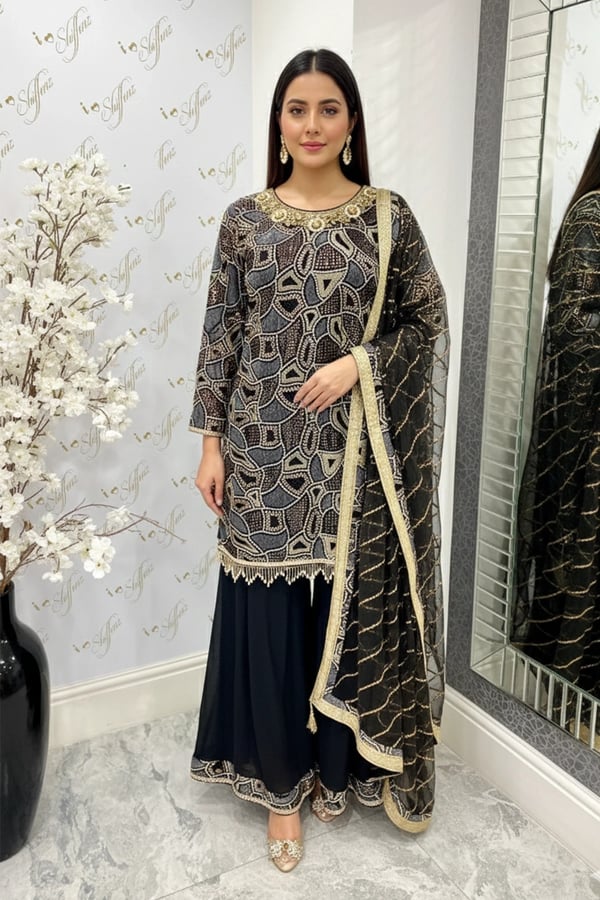 Shiffonz partywear collection 3 piece sharara suit - Black, 34