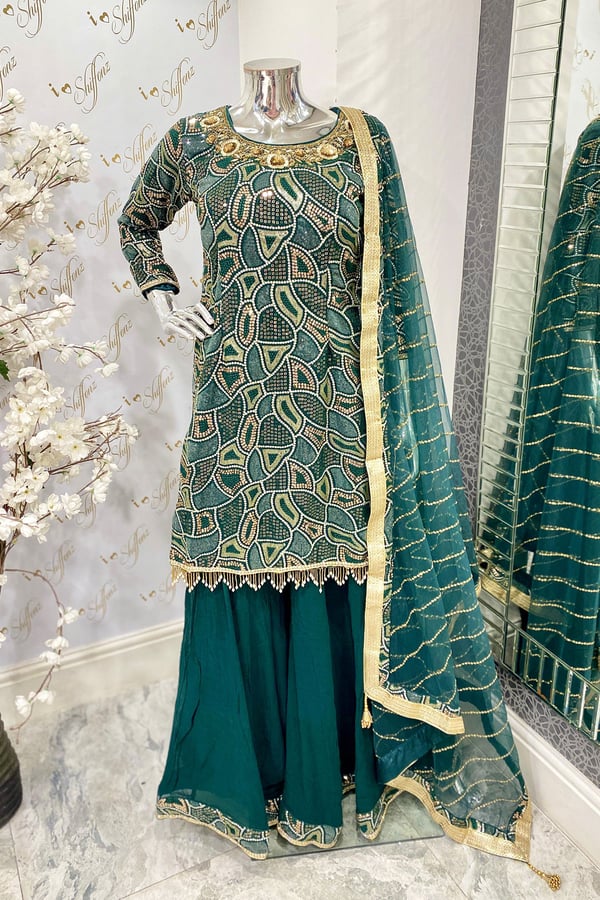 Shiffonz partywear collection 3 piece sharara suit - DGREEN, 36