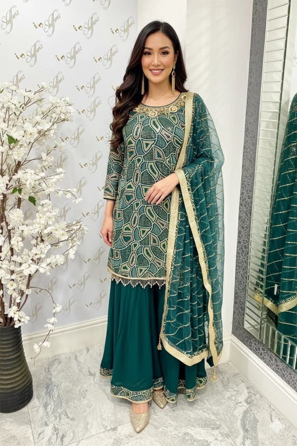 Shiffonz partywear collection 3 piece sharara suit - DGREEN, 34