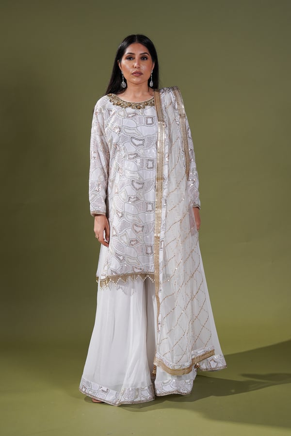 Shiffonz partywear collection 3 piece sharara suit - White, 36