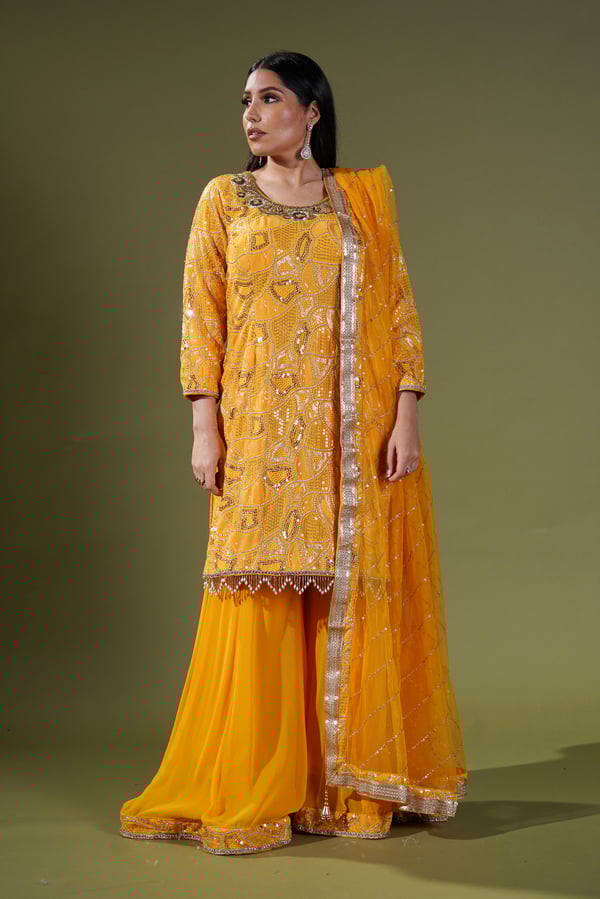 Shiffonz partywear collection 3 piece sharara suit - Yellow, 36