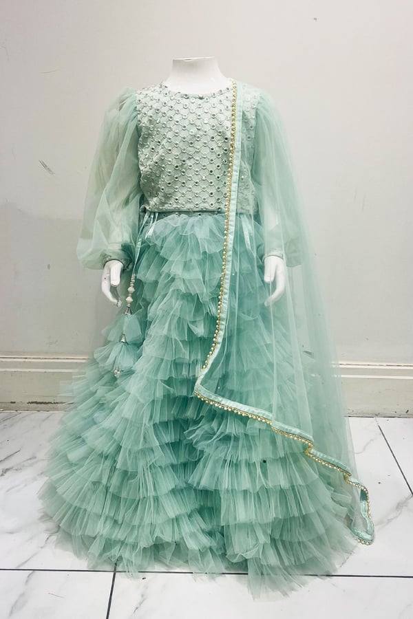 3 Piece kids ruffled lengha choli - Mint, 22