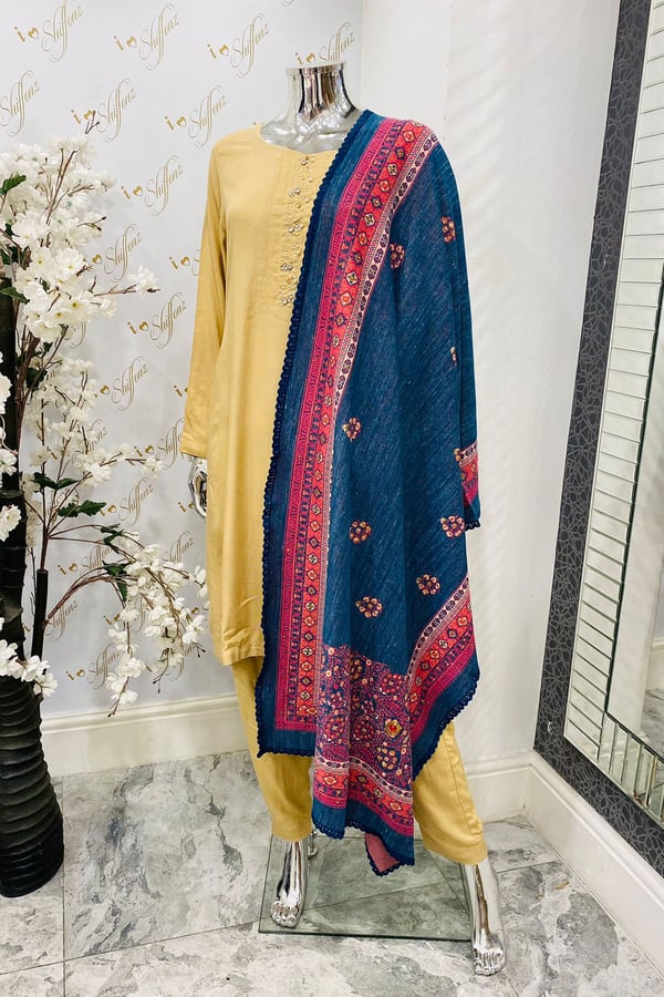 Marina embroidered shawl - Teal, FREE SIZE