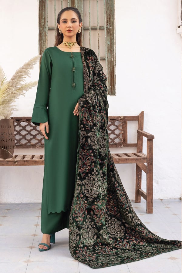 Jaan-b embroidered 3 piece suit with velvet shawl