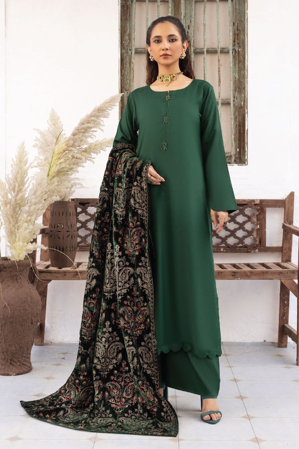 Jaan-b embroidered 3 piece suit with velvet shawl - DGREEN, Large