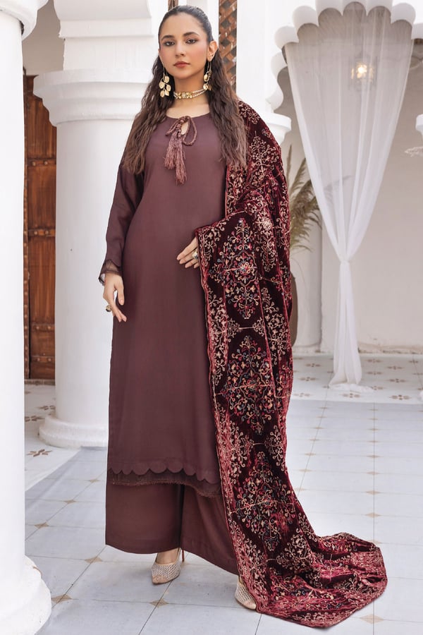 Jaan-b embroidered 3 piece suit with velvet shawl