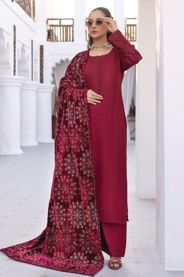 Jaan-b embroidered 3 piece suit with velvet shawl