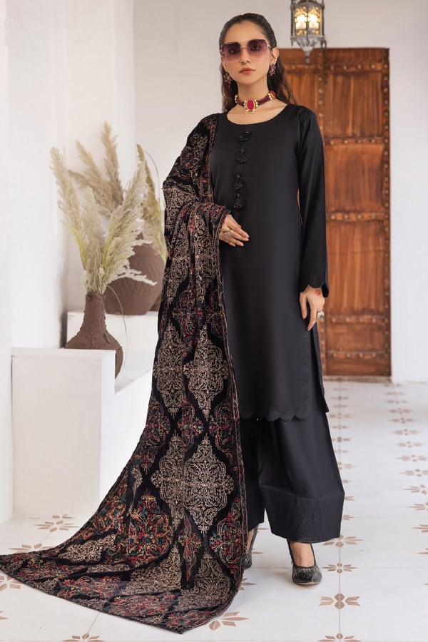 Jaan-b embroidered 3 piece suit with velvet shawl