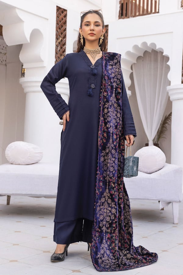 Jaan-b embroidered 3 piece suit with velvet shawl - Image 2
