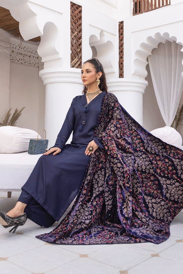 Jaan-b embroidered 3 piece suit with velvet shawl - Image 4
