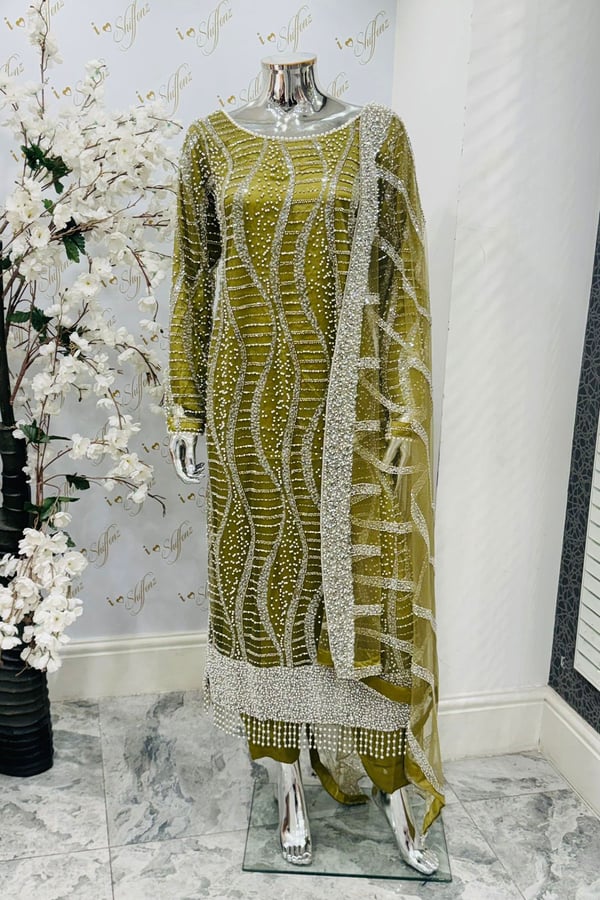 Mirey luxury collection 3 piece embroidered suit - MEHNDI, Large