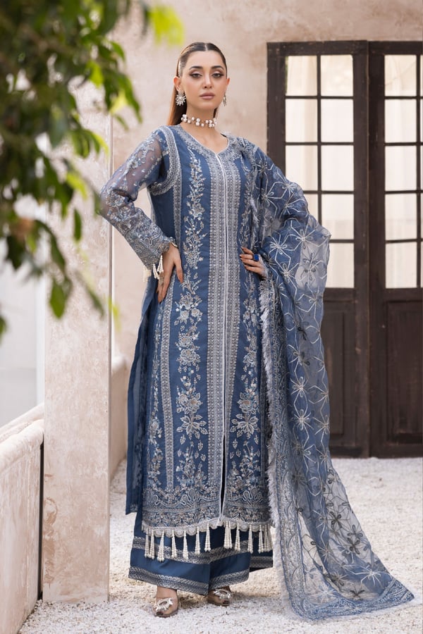 Noori collection 3 piece organza embroidered suit - Teal, Large
